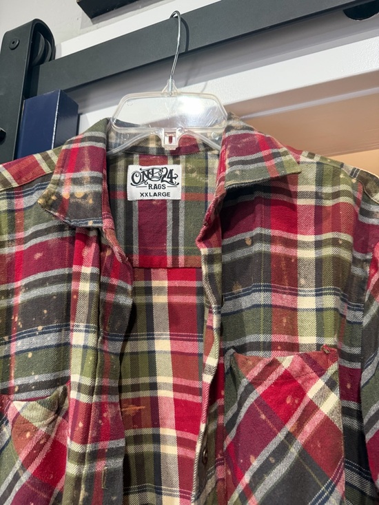 Distressed Red & Green Plaid Flannel Shirt Jacket - Picture 2 of 4